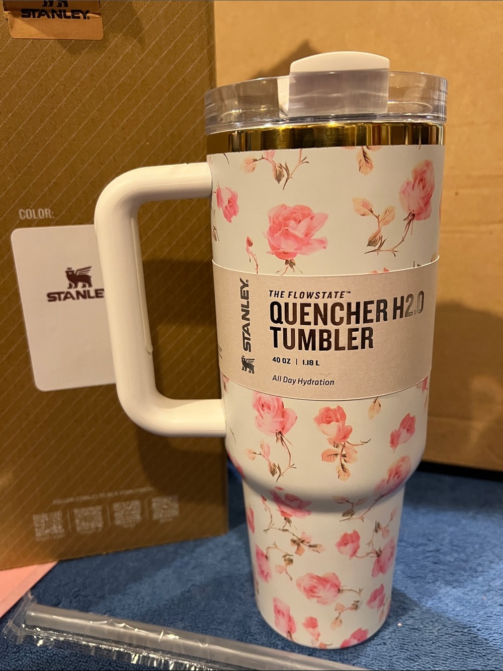 Stanley Pink Floral Tumbler with Gold Accent